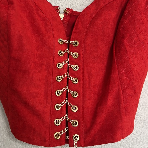 BeBe Josephine Quilted Chain Lace Up Corset Top Goji Berry Faux Suede Size L NWT - Picture 4 of 12